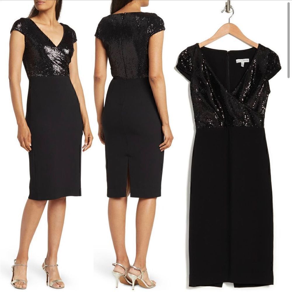 Dress the Population Sequin Surplice Cap Sleeve Sheath Dress - Black